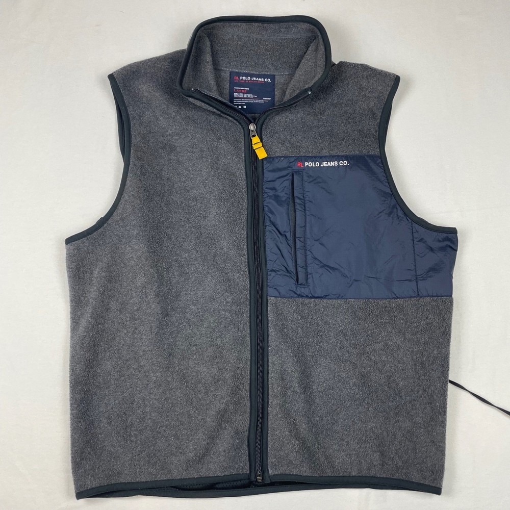 Polo Jeans Co Ralph Lauren Mens Large Grey Fleece Vest Packable Hood Navy Trim