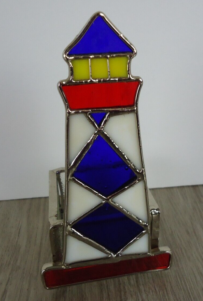 Stained Glass Lighthouse Votive Candle Holder Nautical 5.75 in Blue White Red