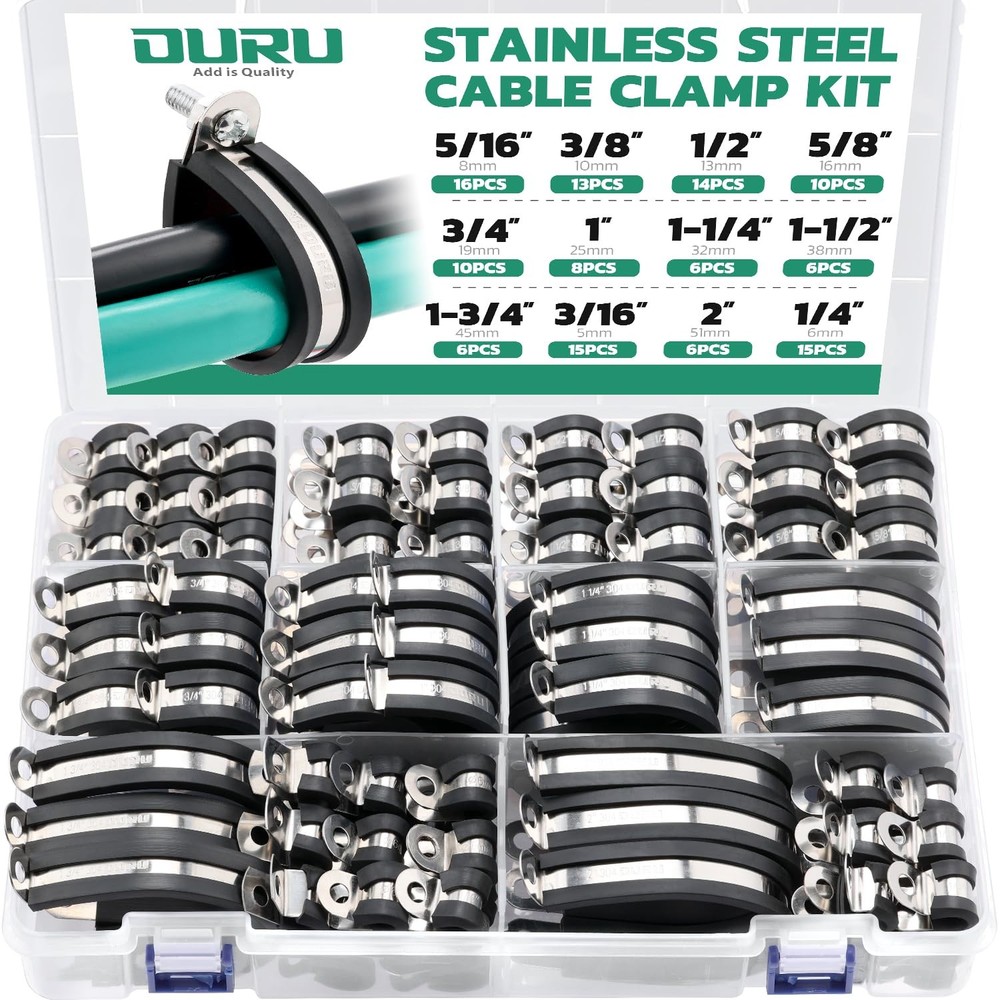 125PCS Cable Clamp,12 Sizes Stainless Steel Rubber Coated Cushioned Insulated...
