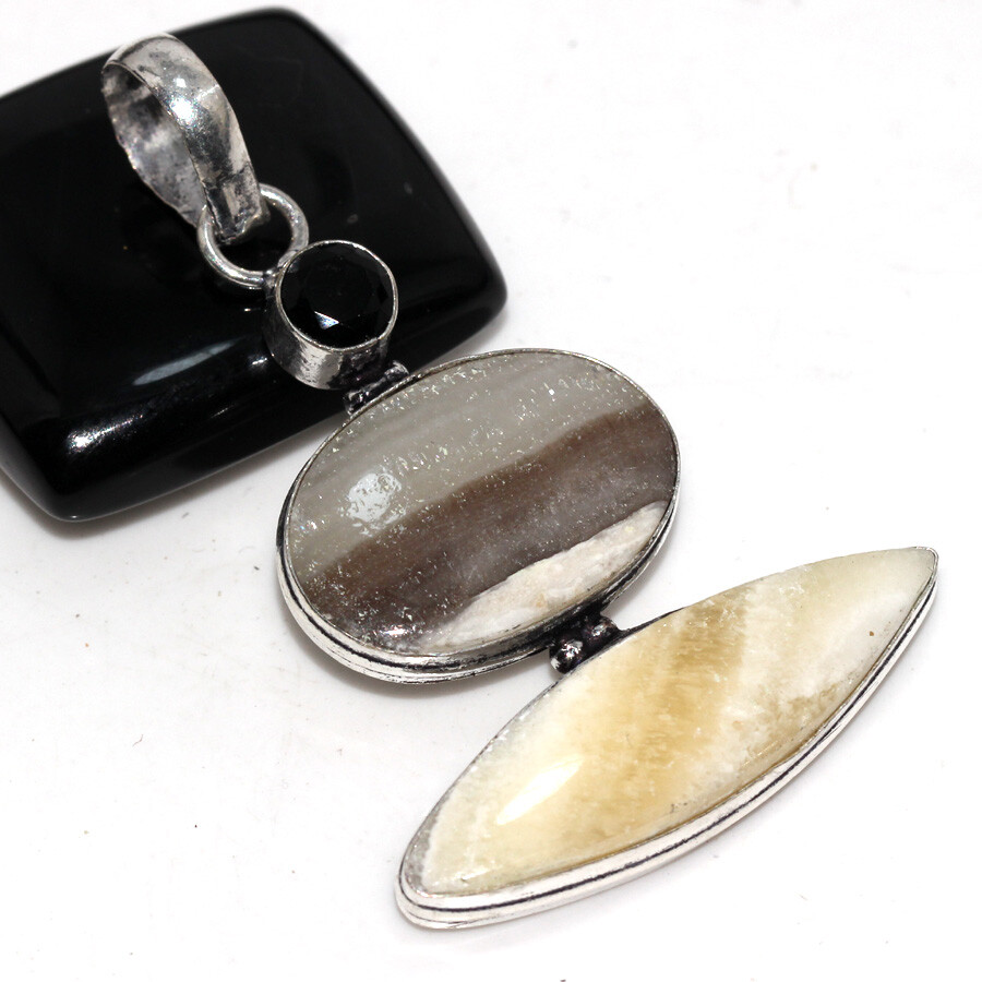 Zebra Calcite Black Onyx 925 Silver Plated Long Pendant 2