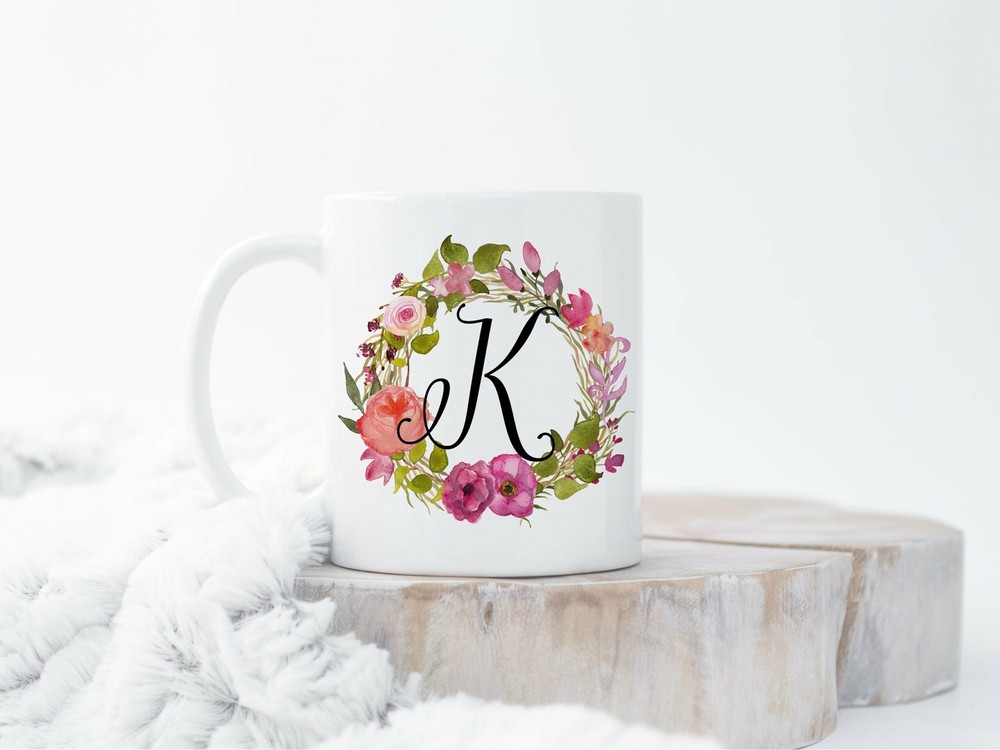Floral Monogram Custom Monogram Mug Floral Mug Monogram Mug Floral Wreath