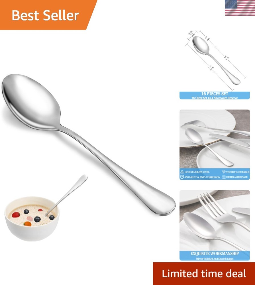 Premium 18/10 Stainless Steel Spoons, 16 Pcs, Dishwasher Safe & Durable
