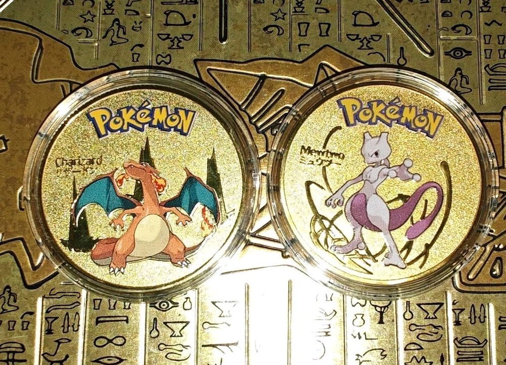 2 Pokemon Collectible Coins Gold Color Metal Mewtwo and Charizard