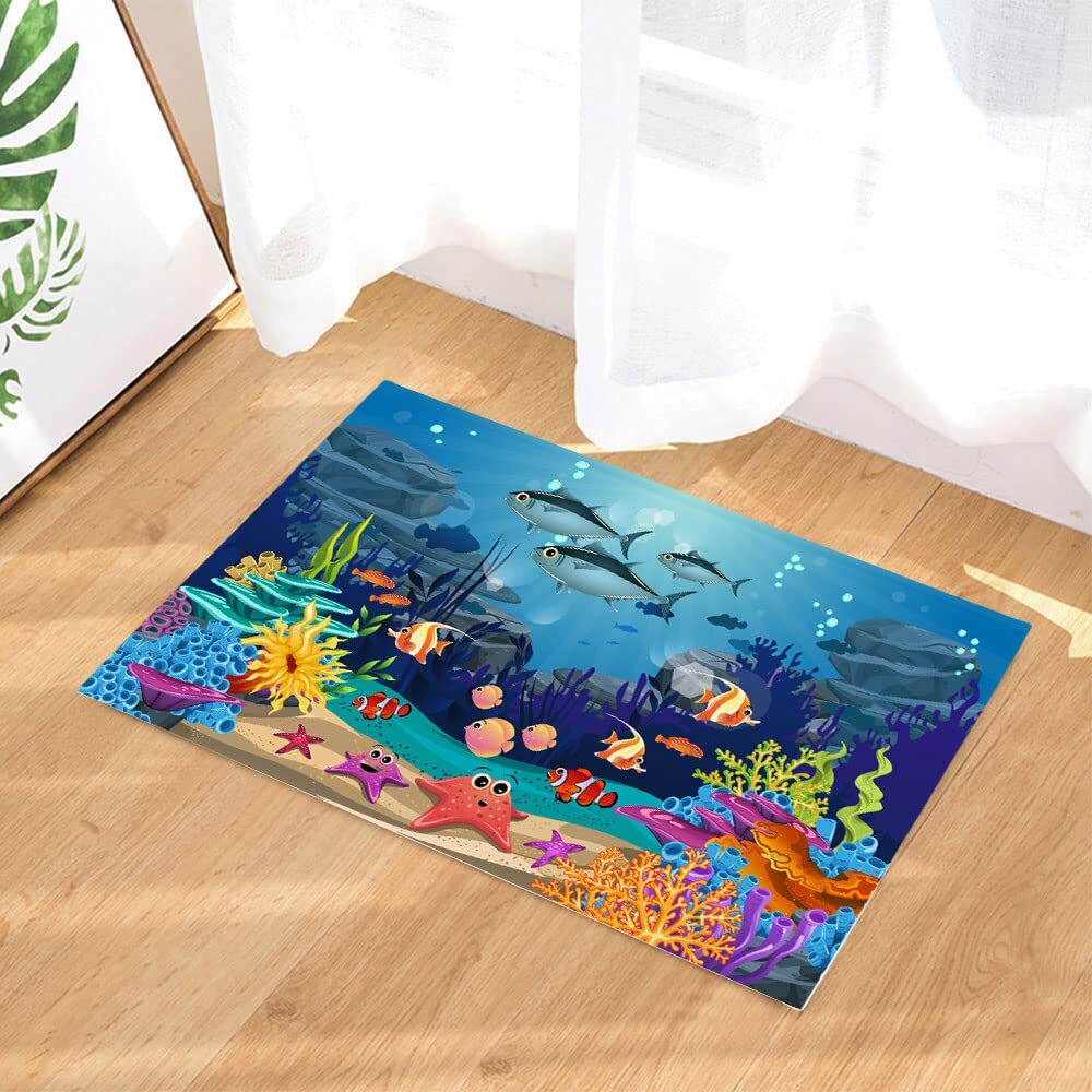 Ocean Fish Non-Slip Bath Mat for Kids with Underwater Sea Theme Design