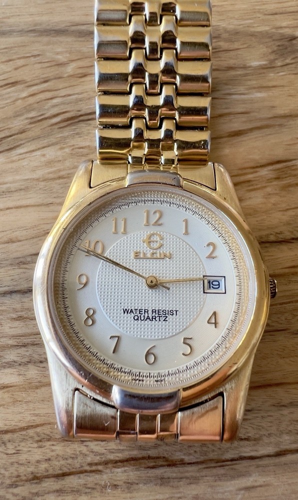 Elgin Mens Quartz Watch Gold Tone Date Running Stainless Steel Vintage Style