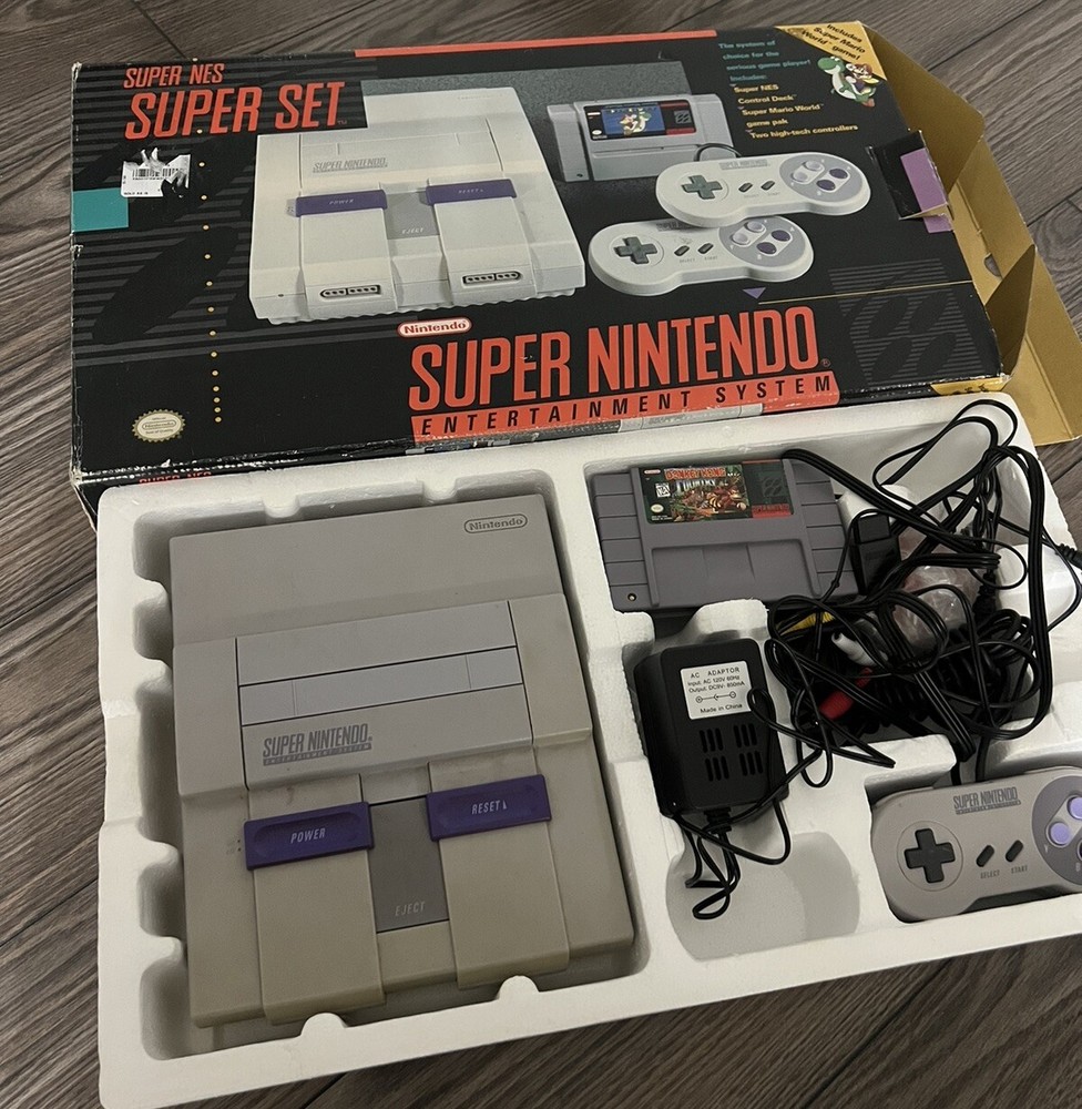 Super Nintendo SNES Console Super Set Original Box Controllers Donkey Kong