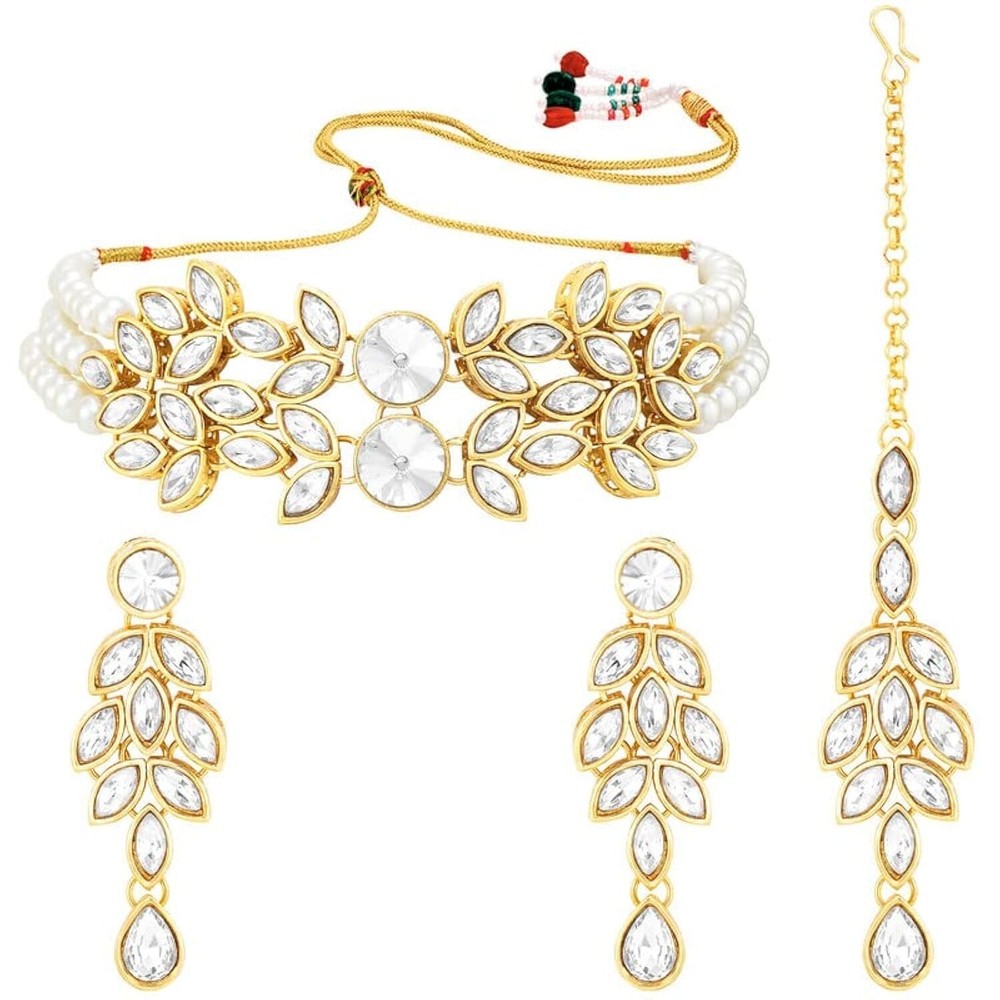 Aheli Bridal Crystal Pearl Choker Necklace with Drop Earrings Indian Traditio...