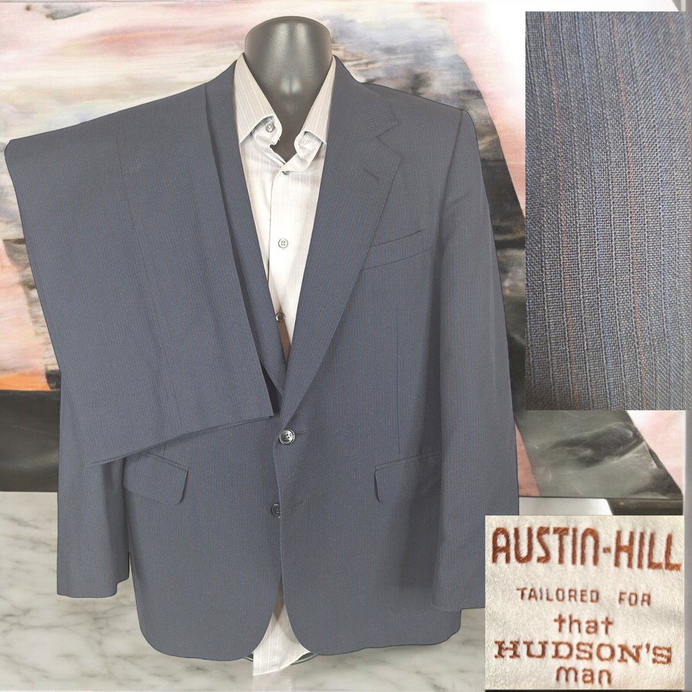 Vintage Austin Hill 2 Piece Suit Mens 42R 38X29 Navy Textured Stripe Polyester