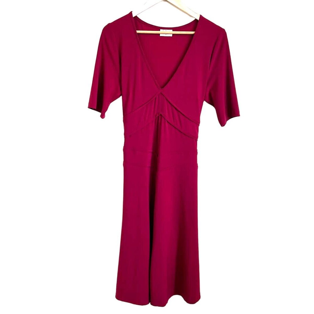 Leona Edmiston Red Jersey Knit Babydoll Midi Dress Size 12 V Neck Stretch
