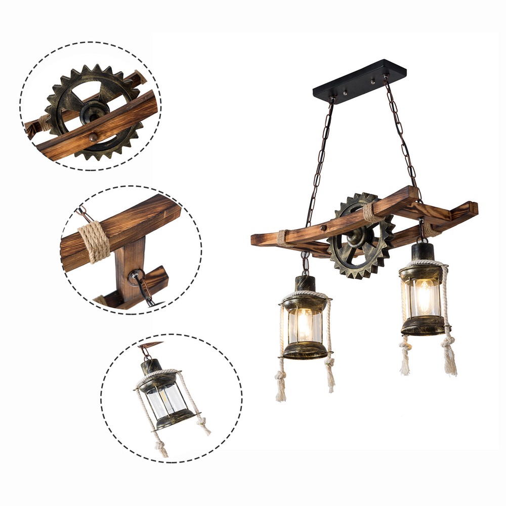 2-Light Farmhouse Furniture Wood Chandelier Pendant Lighting Fixture Kitchen Bar