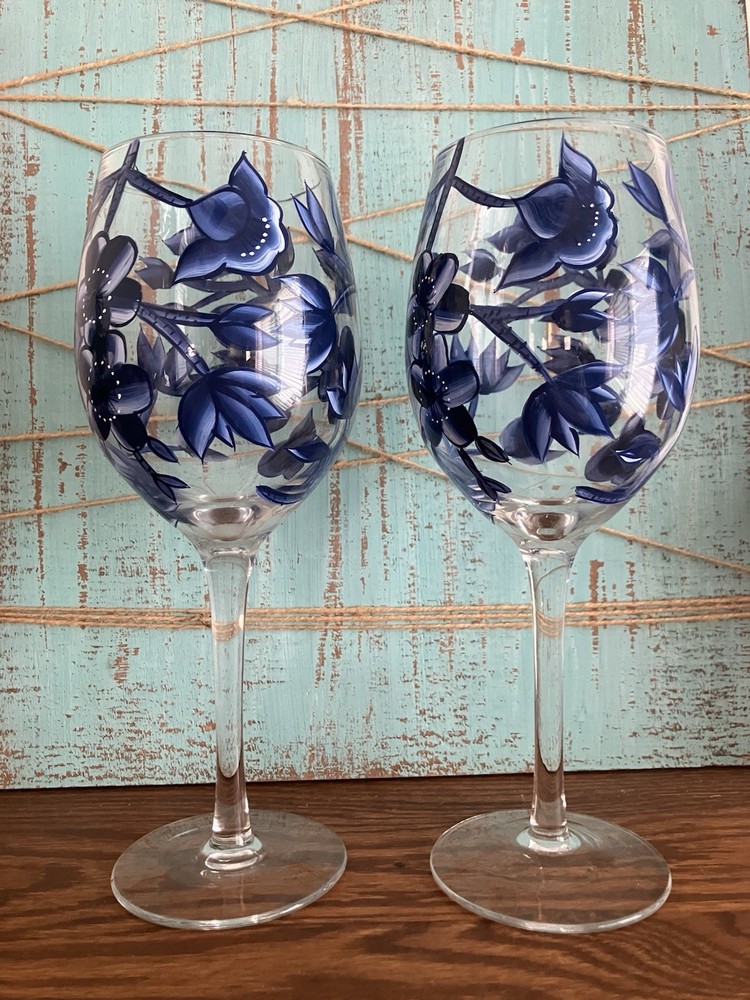 Hand Painted Blue Flower Vine Wine Glasses Set of 2 10-Inch Stems