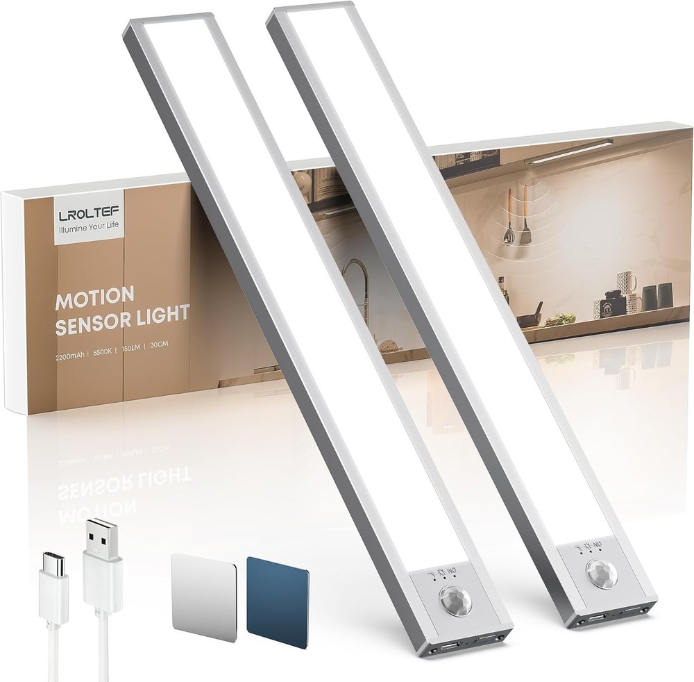 Rechargeable Motion Sensor Under Counter Lights - 30cm, 800 Lumens, 2-Pack