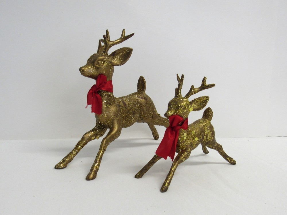 Vintage Pair Christmas Reindeer Figurines  - MCM, Gold Glitter, Mica - EUC