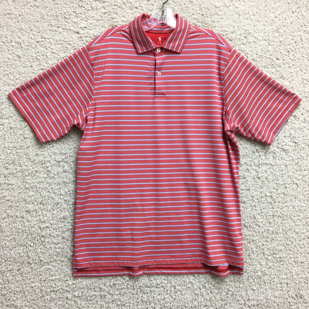 Fairway Greene Polo Shirt Large Red Blue Striped Short Sleeve Stretch Golf Mens