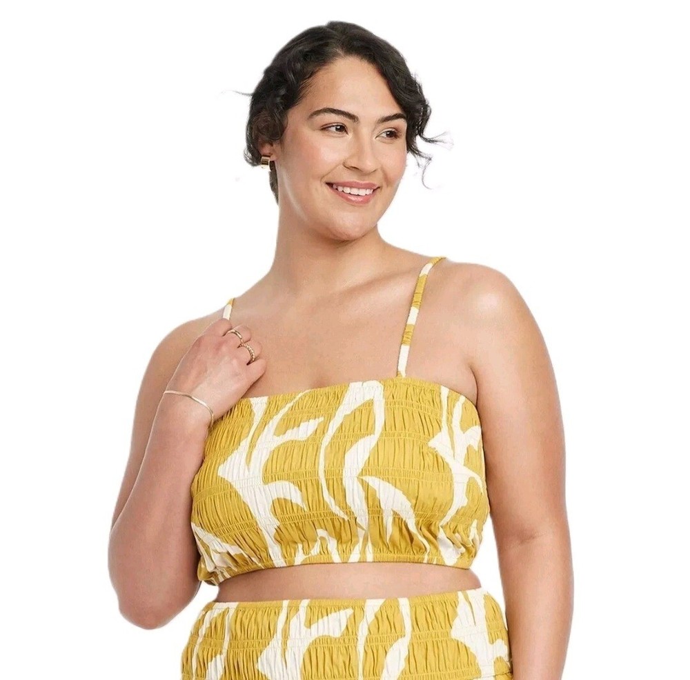 Women's Slim Fit Smocked Tiny Top - A New Day Yellow/Cream XXL