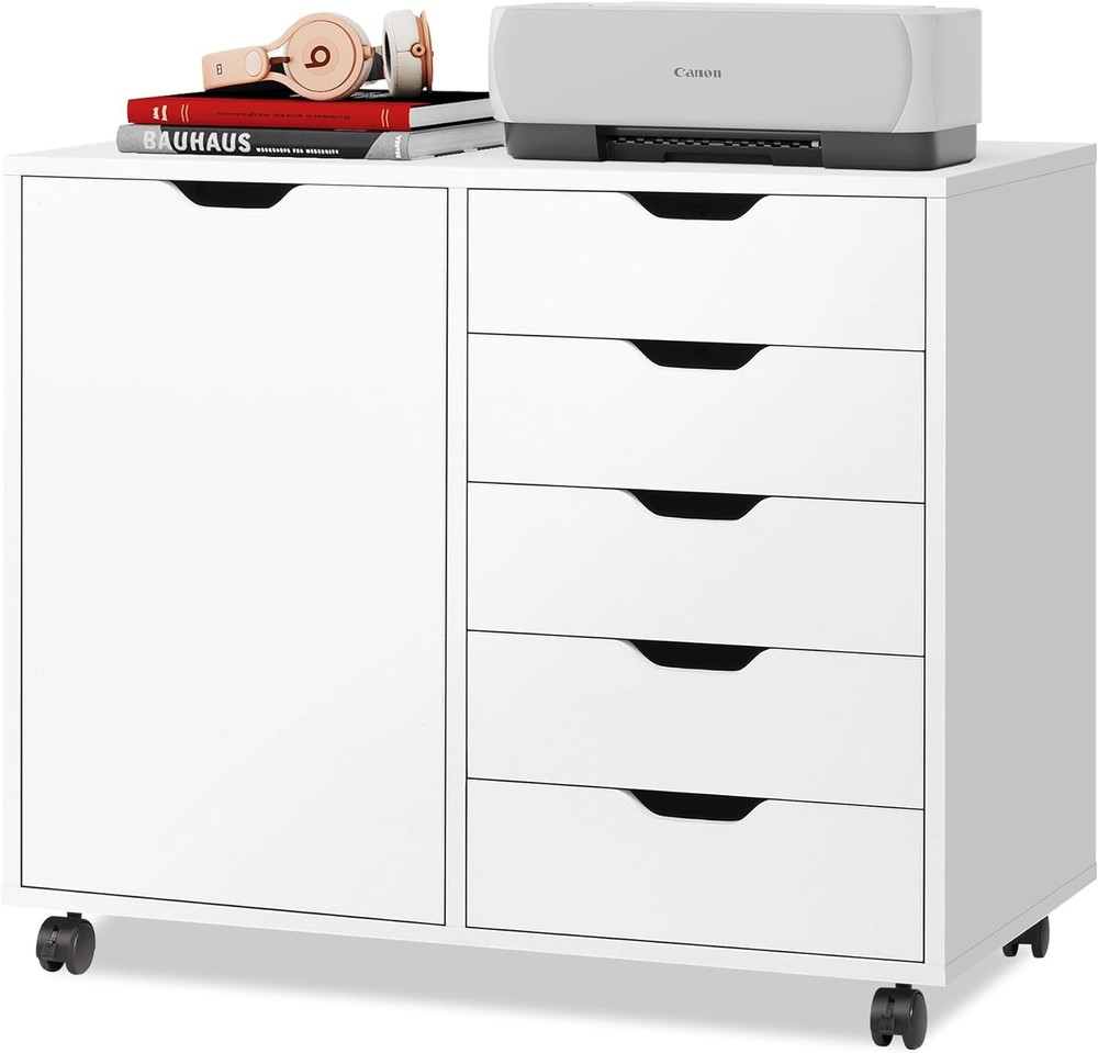 5-Drawer Wood Dresser with Door Mobile Storage Cabinet Printer Stand