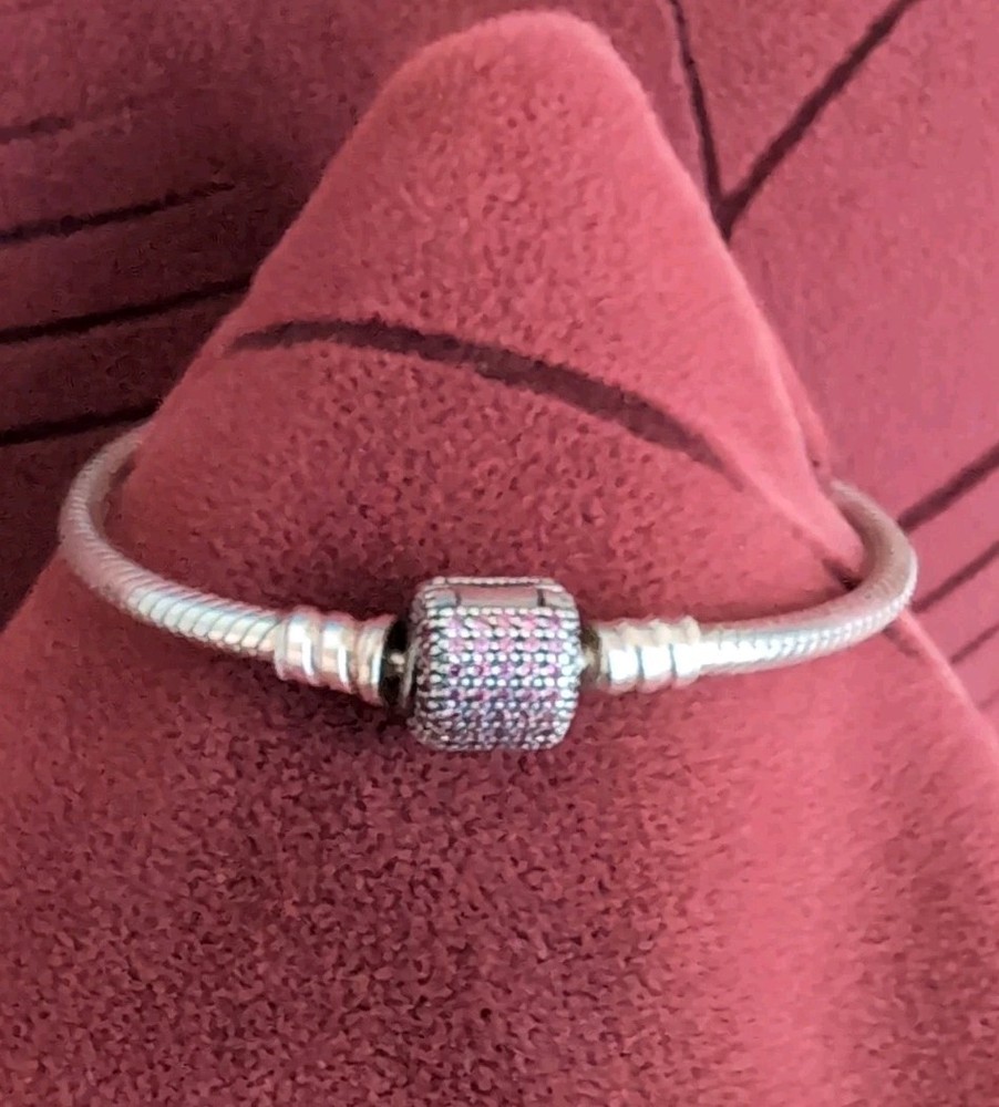 Pandora Signature Lock Bracelet with Pink CZ Charm Elegant & Authentic