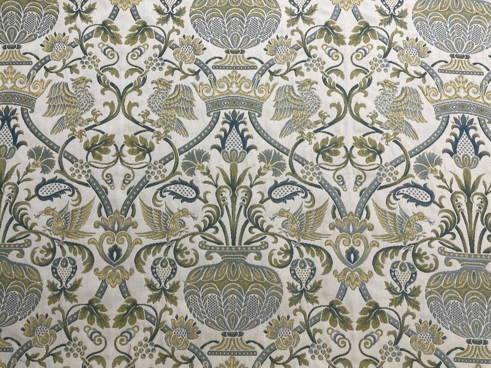 Griffin  & Urn Jacquard Fabric  Blue Cream Gold  Curtain Blind Upholstery