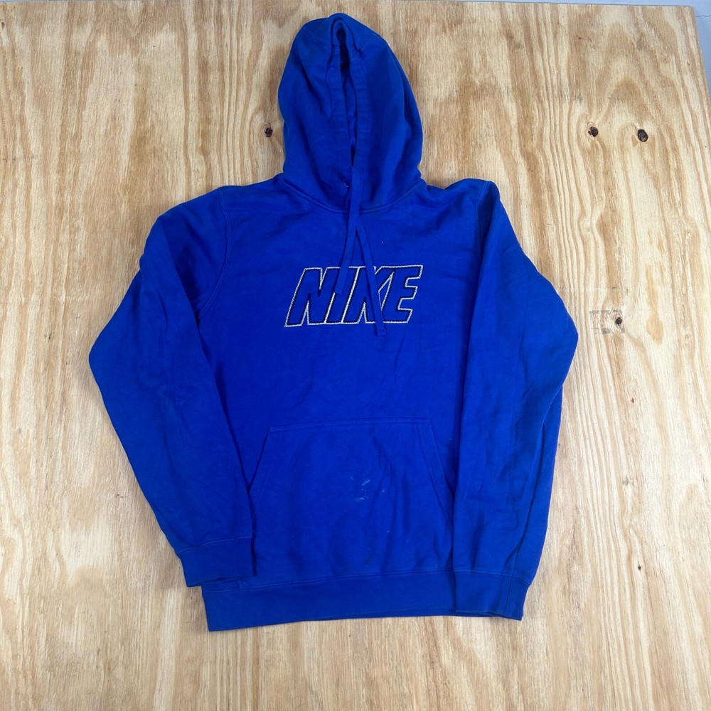 VTG Nike Spell Out Embroidered Logo Hoodie Sweater Men's Small Blue Y2K