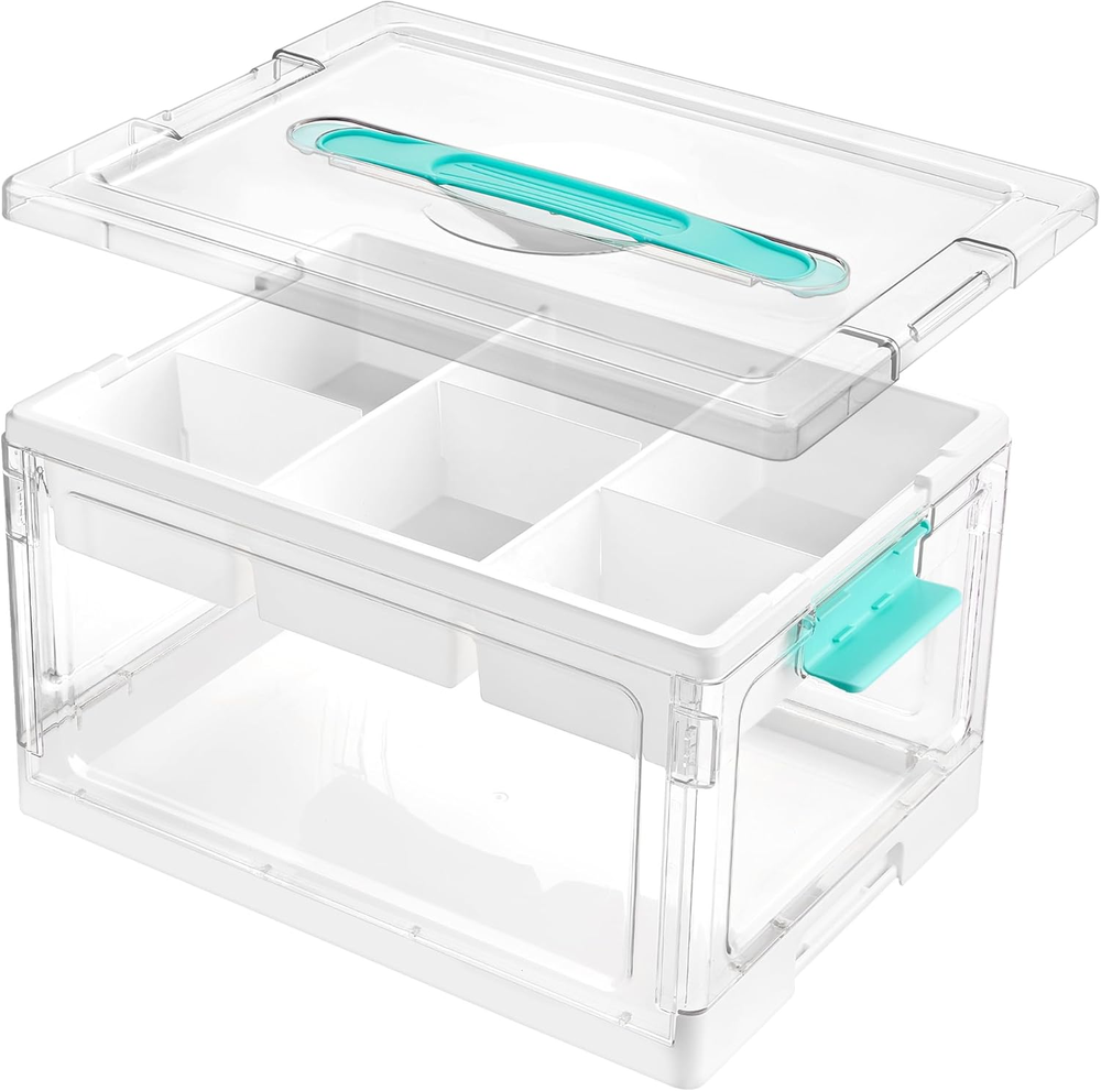 24 QT Clear Plastic Craft Organizers and Storage Box with Removable Trays and Di