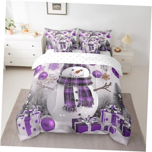 Xmas Bed in a Bag 7 Piece Size Snowman Winter Themed Bedding Set Queen Purple