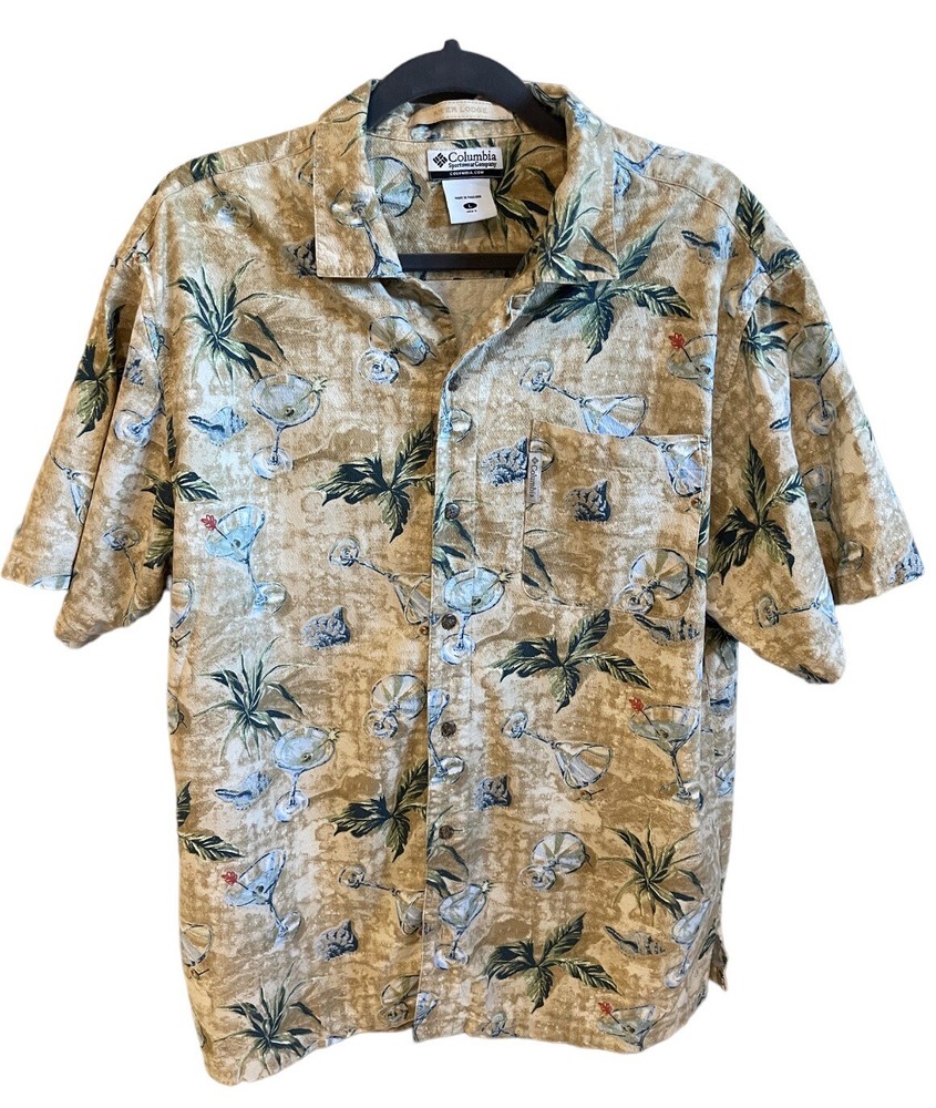 Columbia Men's Shirt M River Lodge Beige Hawaiian Shell Martini Pocket Large