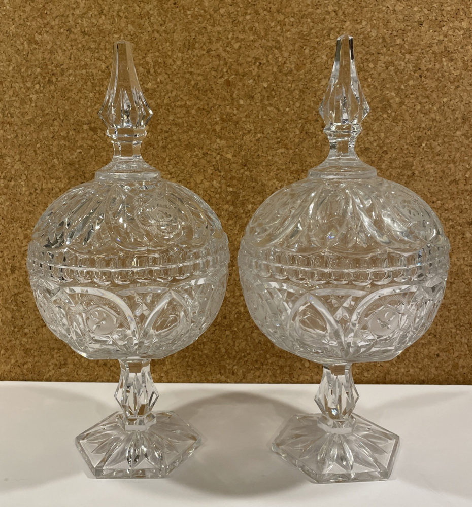 Vintage Tall Cut Crystal Pedestal Covered Candy Dish American Brilliant 2-Piece Set