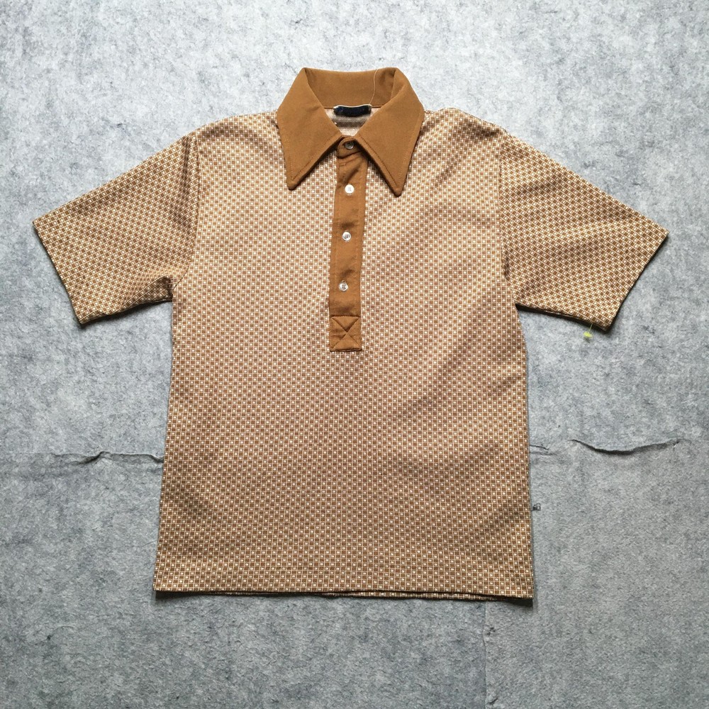Vintage Towncraft Penn Prest Polo Shirt Mens Small Brown Geometric Print 70s