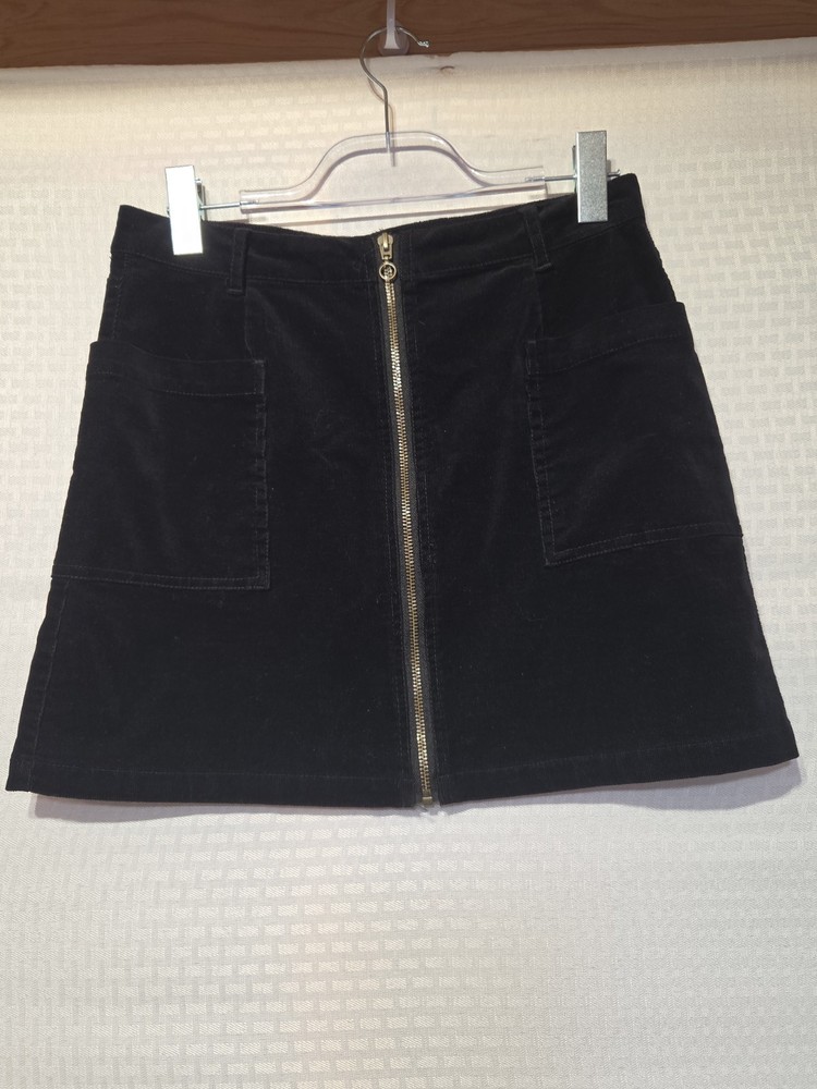1.STATE Black Corduroy Mini Skirt Size 4 Zip Front Gold Zipper Pockets A-Line...