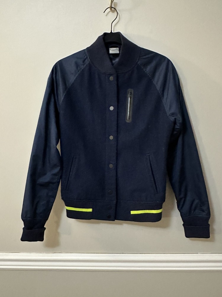 Vintage Nike Varsity Bomber Jacket in Navy with Neon Stripe Women’s S