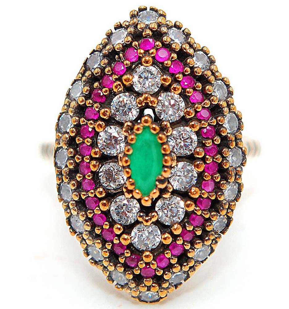 Exquisite Ottoman Empire Inspired 3CT Treated Emerald 925 Sterling Silver Ring in Size 9 for Timeless Elegance HB3-2