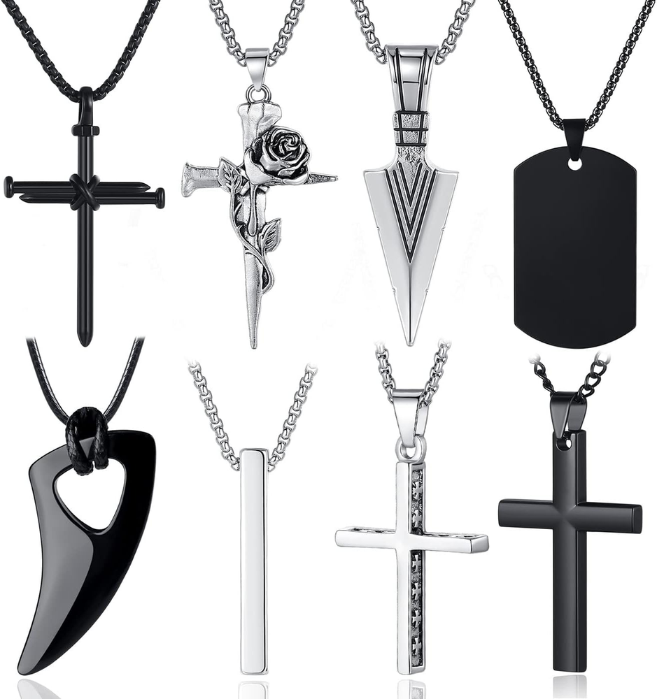 8 Pcs Necklace for Men, Mens Necklaces Jewelry Set, Black and Silver Stainless S