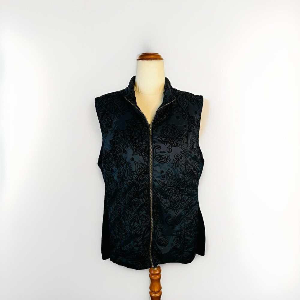 BLUE ILLUSION Velvet Patterned Puffer Vest Size XL Black Full Zip Winter