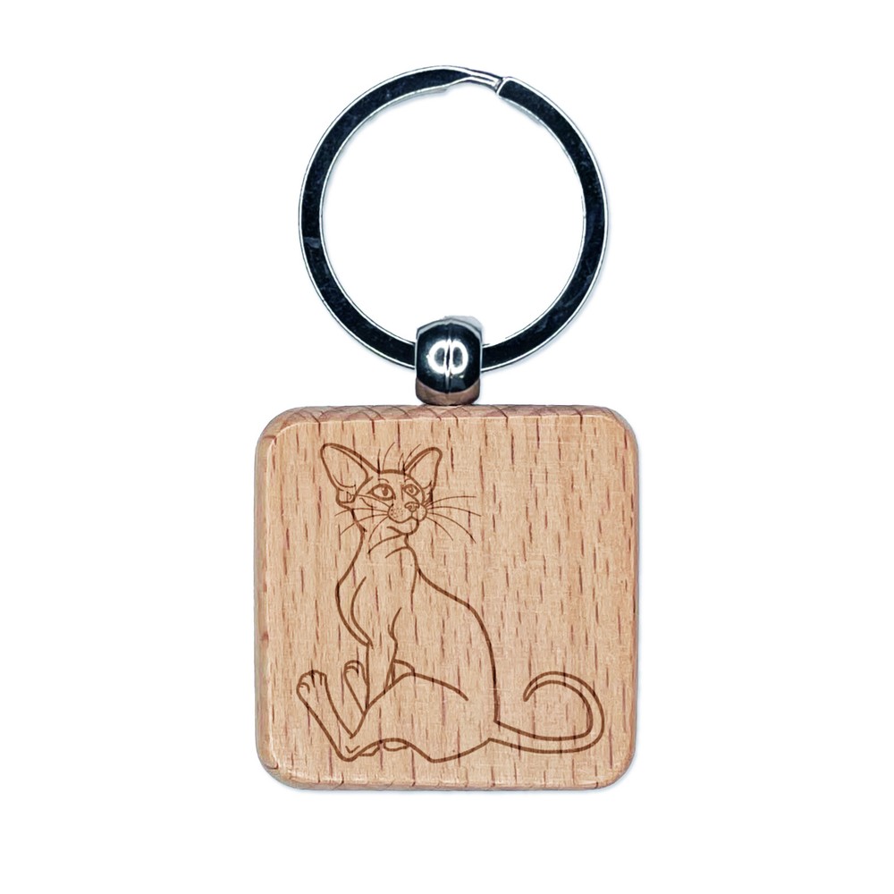 Playful Oriental Shorthair Cat Wooden Keychain Charm - Engraved Square Tag  