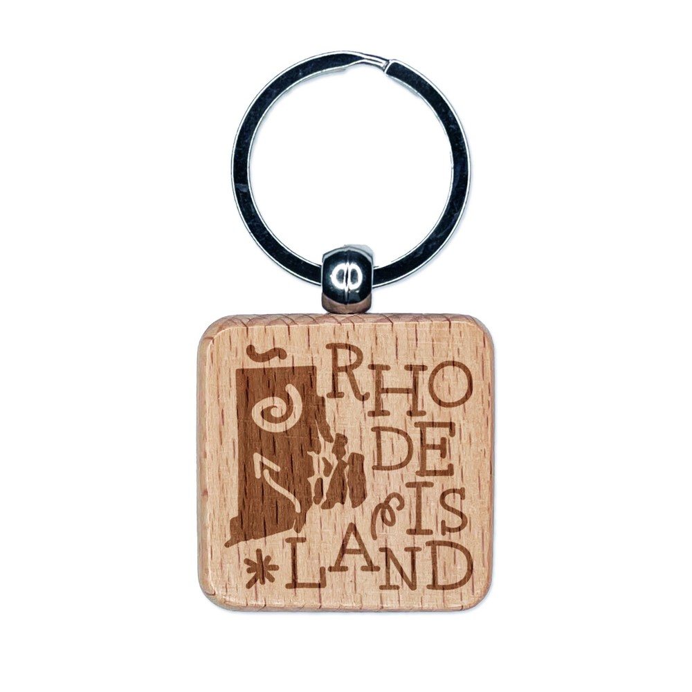 Rhode Island State with Text Swirls Engraved Wood Square Keychain Tag Charm