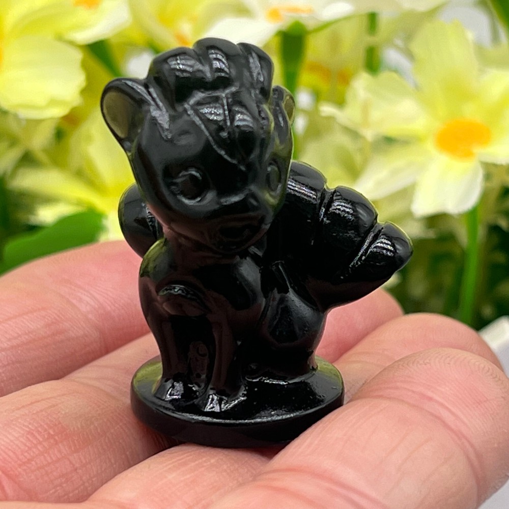 Hand-Carved Obsidian Quartz Crystal Fox Skull Healing Stone