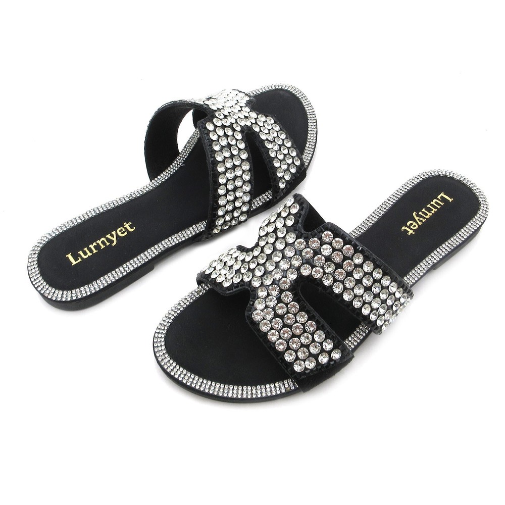 Sparkly Rhinestone Glitter Slide Sandals for Women with X-Band Design