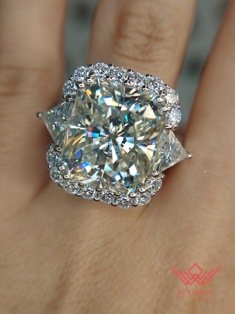 12.5ct Radiant Cut Three-Stone Halo Moissanite Ring in 10K Gold G-H Color