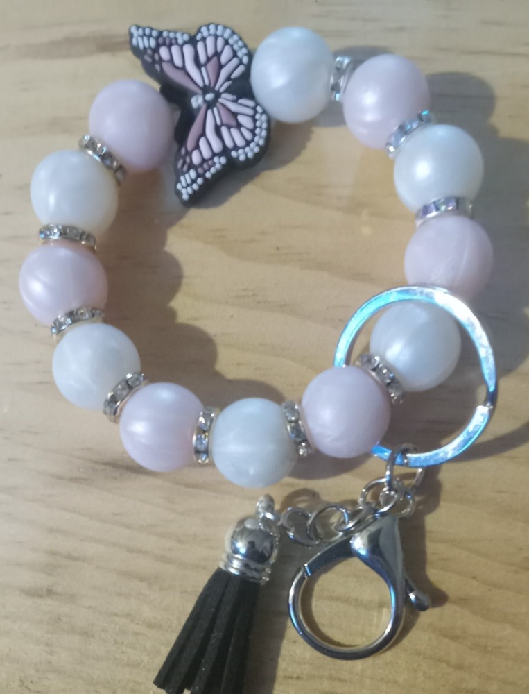 Pink and White Elastic Butterfly Keychain Wristlet with Tassel