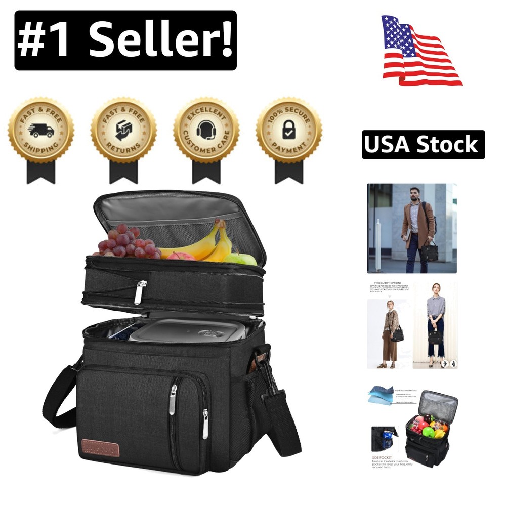 Stylish Black Insulated Double Deck 15L Leakproof Lunch Cooler Bag for Work