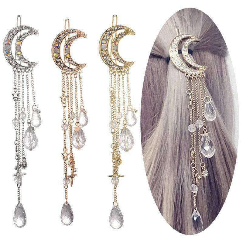 Moon Crystal Rhinestone Dangle Hair Clip for Women Bridal Party Jewelry