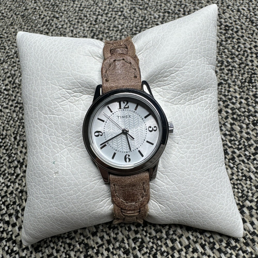 Timex Women's Silver-Tone Leather Strap Watch with White Dial - Fresh Battery Installed
