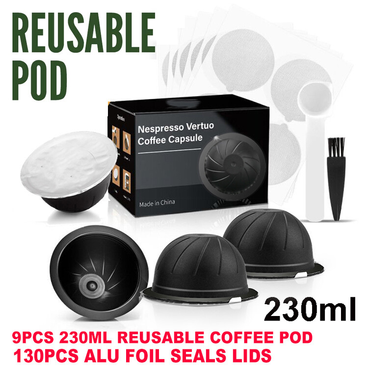 9x Reusable 230ml Coffee Capsule Pod w/130 Seals Lids For Nespresso Vertuonext