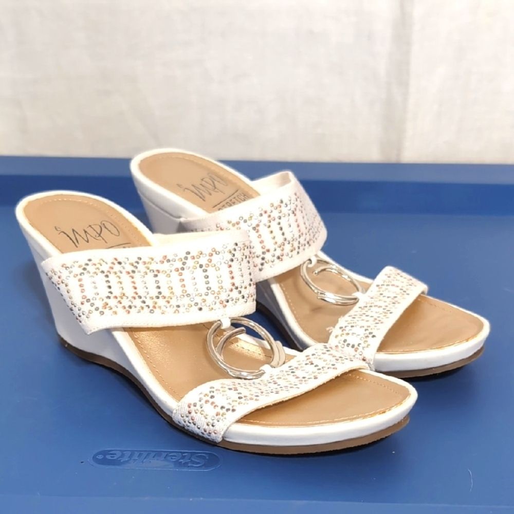 Impo Verban White Wedge Heel Studded Sandal Memory Foam Size 6.5