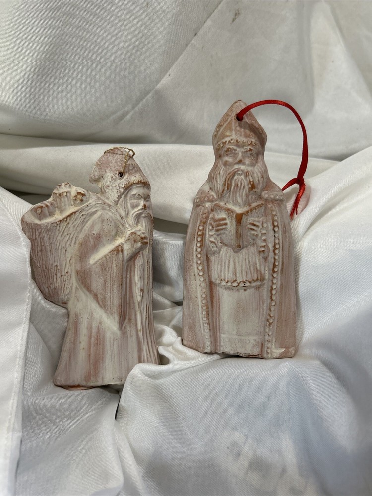 Set Of 2 Victorian Santa Claus Ornaments Ceramic Bisque Old World