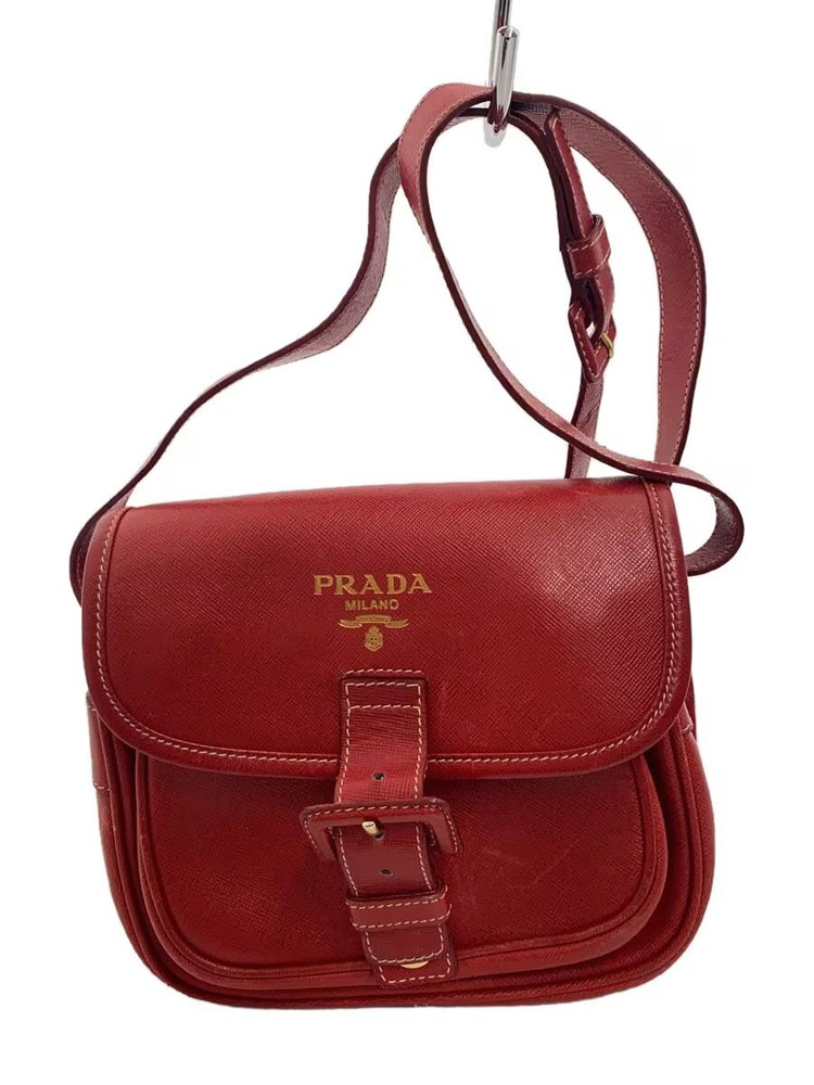 RARE PRADA Red Leather Shoulder Bag Solid Color Vintage