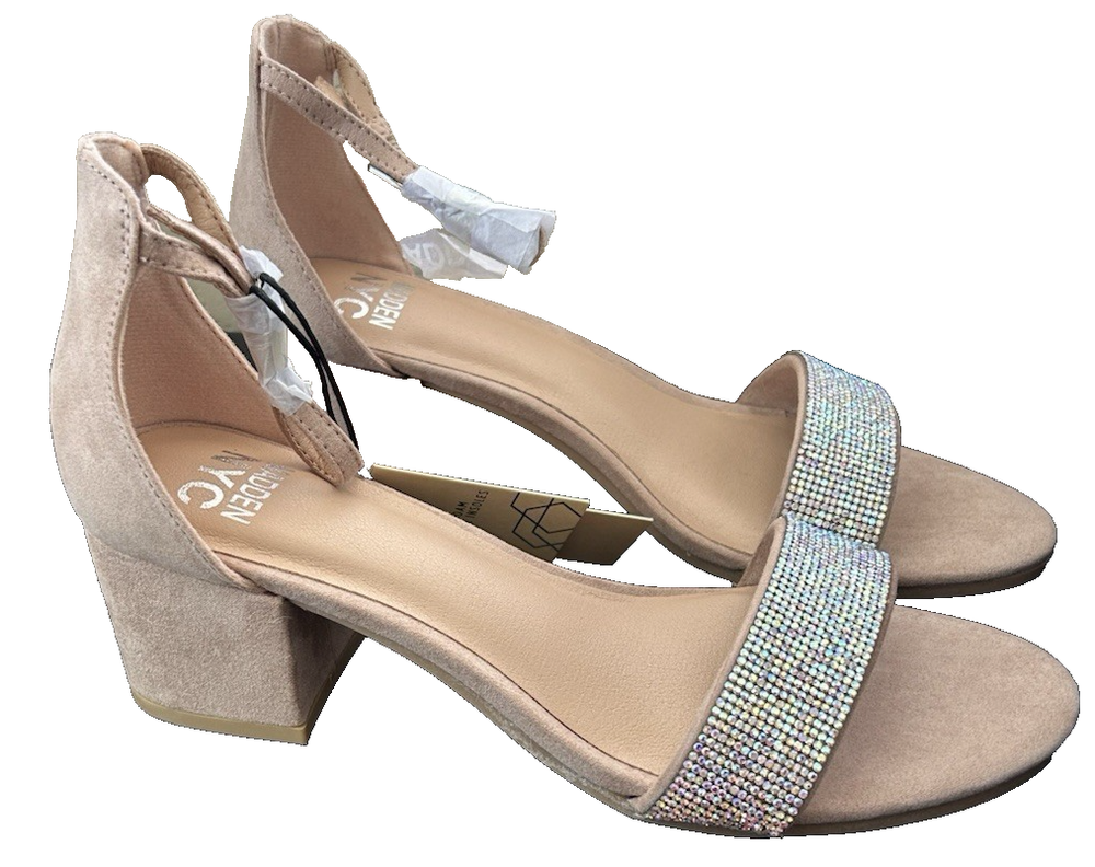 Madden NYC Women Ankle Strap Size 8.5 Rhinestone Block Heel Open Toe Blush NEW