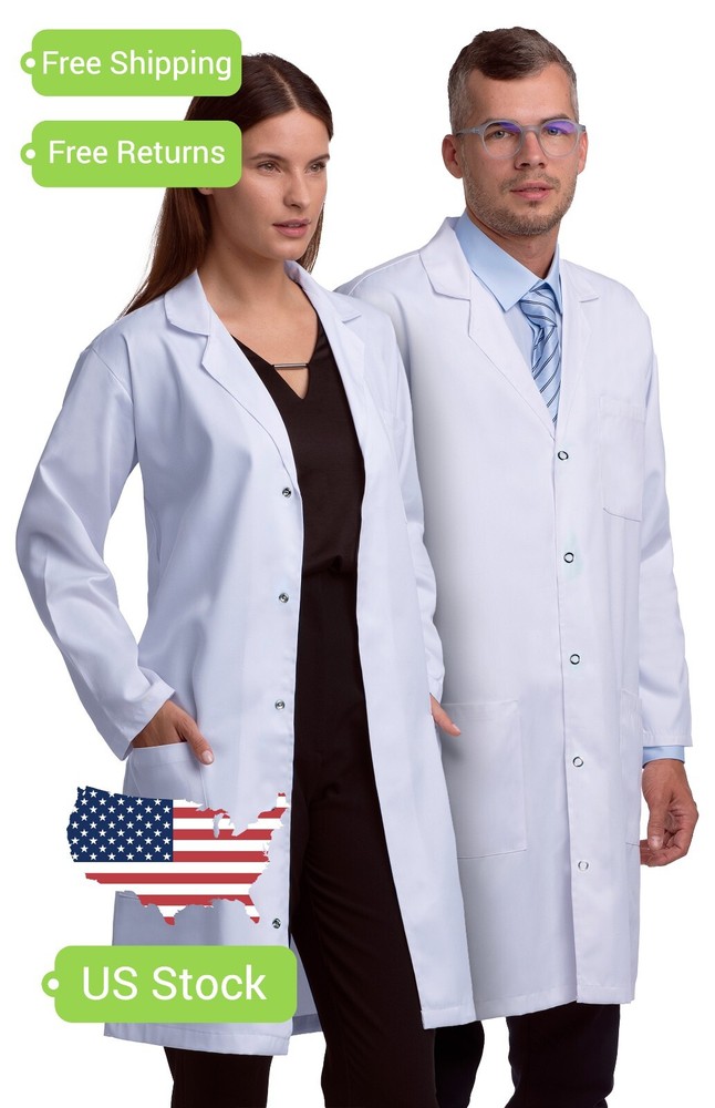 White Standard Classic Lab Coat for Men Women with Snaps Poly Cotton XS-2XL