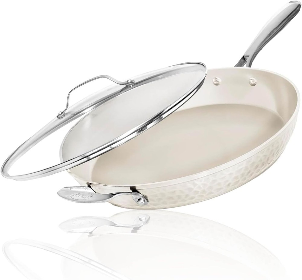 Gotham Steel 14-Inch Hammered Cream Nonstick Ceramic Fry Pan with Lid  