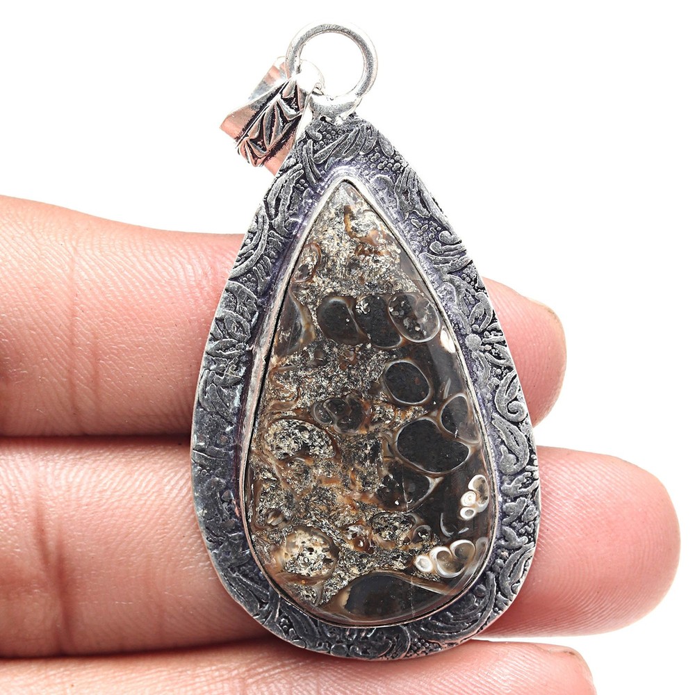 Turtella Jasper Pendant Silver Ethnic Valentine Jewelry 2.25 Inch